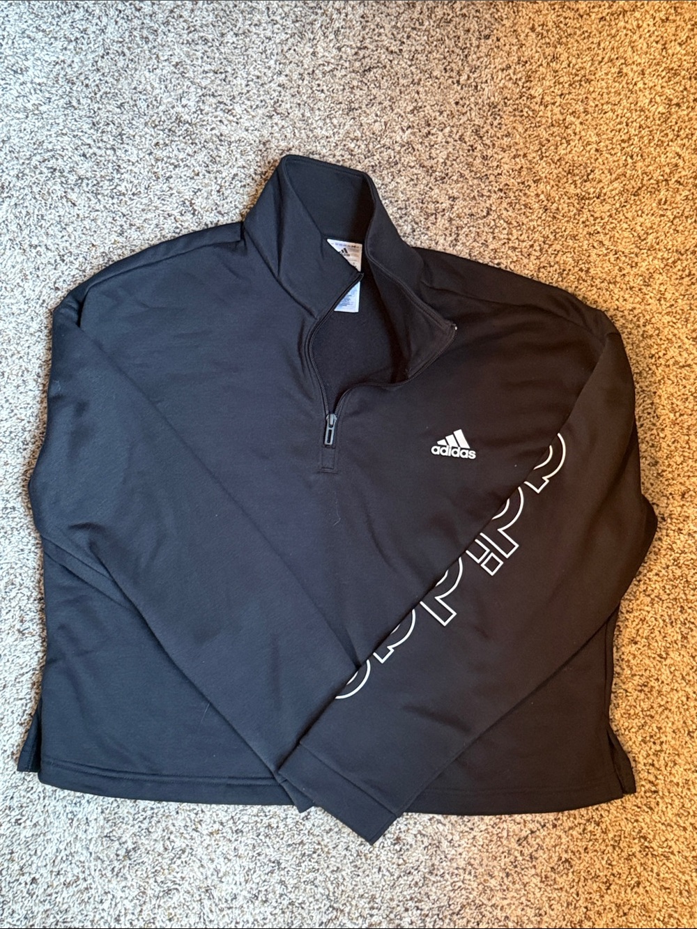 adidas Black Half-Zip Sweatshirt with White Logo and Sleeve Script